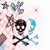Pixelated icon with pink checkered background featuring black skull and crossbones, blue crescent moon, brown stars, and blue hearts.