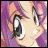 Pixelated anime-style close-up of a character's face with purple hair, large expressive eyes, and a black background featuring text elements.