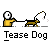 Pixel art animation of a yellow-shirted figure holding a leash attached to a brown dog, with the dog's tail and bone prop changing position across frames.