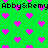Green background with repeating pink pixelated hearts and black text reading 'Abby&Remy' in two horizontal bands.