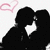 Two black silhouetted figures embrace against a white background with a pink heart outline in the top left corner.