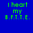 Green pixelated text "I heart my B.F.T.T.E." on blue background with pink rectangular overlays in various positions.