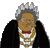 Static pixel art icon of a character with gray hair, glasses, red bow tie, gold chains, and black jacket over white shirt against light gray background.