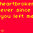 Red background with yellow text repeating 'heartbroken ever since you left me' and small orange heart symbols scattered across the image.