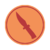 Circular orange emblem with a diagonal red knife symbol inside, bordered by a thin red outline on a gray background.