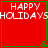 Red square with green border displaying "HAPPY HOLIDAYS" text and small green tree icons at corners.