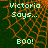 Green background with orange lattice pattern, light green text "Victoria Says... BOO!" in pixelated font, two identical with one partially obscured by gray area