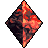 A diamond-shaped pixel art icon with a split design: one side dark brown and black, the other bright red and orange flames.