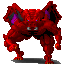 Red pixelated creature with purple ears and gray eyes performs multiple poses, holding green glowing orbs in some frames while emitting yellow-green particle effects.