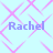 Light blue background with pink diamond lattice pattern and four instances of the name "Rachel" in purple text.