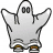 Pixelated gray ghost icon with black outlines, two large eyes, and small feet wearing brown shoes on a white background.