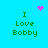 Green text "I Love Bobby" on cyan background with pink pixelated heart and starburst symbols in four quadrants.