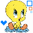 A 48x48 pixel animated contact sheet showing three frames of a yellow cartoon bird character with orange feet sitting on blue fabric, featuring changing heart and square symbols in the corners.