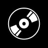 Six white audio-related icons on black background: CD, play button, eye, microphone, headphones, CD text, ear