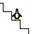 Pixelated penguin character on black stair steps against gray background, performing sequential actions including standing, walking, flipping, and falling.
