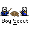 A 4x4 contact sheet of pixel art frames showing a Boy Scout character with variations in pose, torch animation, and background elements.