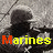 Static image of Marines in uniform with repeated 'Marines' text, a central Marine Corps emblem, and red background with yellow 'Semper Fi always faithful' text.