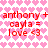 Pixelated red text on a pink heart-patterned background, repeating 'anthony + anthony + cayla = love <3' in two identical horizontal sections.