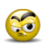 Yellow circular face with black arched eyebrows, mustache, and small mouth; eyes shift position across frames showing different gaze directions.
