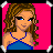 Pixel art of a woman in blue top and black skirt with text "I love boys!" on pink background.