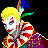 Pixelated character with blonde hair, red and blue face paint, and a colorful outfit holding a staff with blue and green elements.