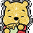 Pixelated Winnie the Pooh character in red shirt with closed eyes and hand near mouth, surrounded by yellow text on dark green background.
