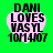 Four identical pixelated text images on green background with pink heart shapes containing 'DANI LOVES VASYL 10/14/07' in black block letters.