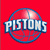 Pixelated graphic with red background, blue circular outline enclosing a basketball pattern, and white text reading 'PISTONS' in bold block letters.
