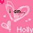 Pink background with white heart outlines and floating hearts, featuring text 'i am...' on left and 'who i am.' on right above the name Holly.