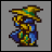 Pixelated character in blue and yellow attire with a green-accented hat, shown in three poses and a text