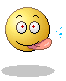 Yellow circular face with red-crossed eyes and pink tongue sticking out, showing animation frames with varying eye positions and blue droplets near the mouth.