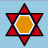 A static pixel art icon featuring a red six-pointed star with black outlines, surrounding an orange hexagon bordered by white and blue rings on a light blue background.