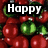 Red and green Christmas ornaments fill the background with 'Happy Holidays' text in white on black rectangles at top left and right, plus a '<3' symbol at bottom left.