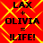 Red background with yellow diamond pattern and black text reading "LAX + OLIVIA = !!LIFE!" repeated four times in a layout