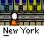 Pixel art animation of a white-haired figure in orange clothing on a New York street, with changing gestures and a 'TAXI!' speech bubble.