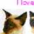 Pixelated close-up of a dog's face with brown and black fur, visible ears, and partial text reading 'I love' in purple above.