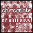 A static image with a maroon and white pixelated background displays text reading 'chocolate' in red, 'MY ANTI DRUG.' in white, and a small heart symbol below.