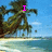 Pixelated beach scene with palm trees and ocean, displaying animated text changes across four