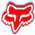 Red fox head outline with white border on white background, transitioning to red and yellow gradient backdrop with 'FOX RACING' text below.
