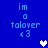 Blue background displays repeated text "im a talover <3" with pixelated hearts changing color between white and purple.