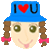 Pixelated cartoon girl with blue hat displaying 'I ❤️ U', brown braided pigtails, pink hair bows, green eyes, and a smiling mouth; left eye closed in second frame.