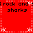Red background with black text reading "rock and sharks" in four quadrants, white dashed borders, and star-like symbols at corners.