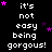 Black background with repeated white pixelated text "it's not easy being gorgous!" and scattered pink/purple stars, one gray square in bottom-right corner.
