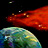 A pixelated image shows a red comet-like object with a glowing tail above a greenish-blue planet against a black background.