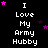 Black background with white pixelated text "I Love My Army Hubby" repeated in a , surrounded by pink and purple star shapes