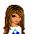 Pixel art contact sheet showing multiple frames of a female character with brown hair wearing white crop top and blue-and-white patterned shorts, holding a blue berry-like object in various poses across 13 sampled animation frames.