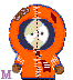 Pixelated cartoon character in orange hooded jacket with brown mittens and red emblem, standing against gray background.