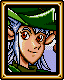 Pixel art character with light blue hair, green hat, and green clothing in a golden frame, showing multiple facial expressions.