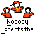 Pixel art of three figures in orange outfits with white faces, one wearing a red cap and yellow necklace; text below reads "Nobody Expects the Spanish Inquisition".