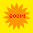 Four identical orange starburst shapes on a yellow background, each containing red text reading "BOOM!"